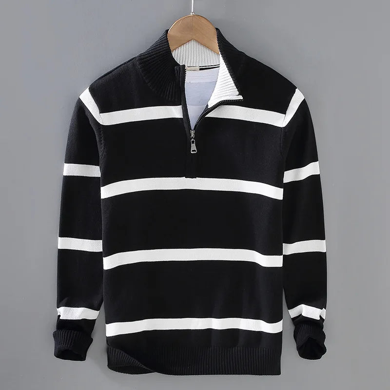 Men's Sweater Striped Half Zip Collar Relaxed Fit with Ribbed Cuffs
