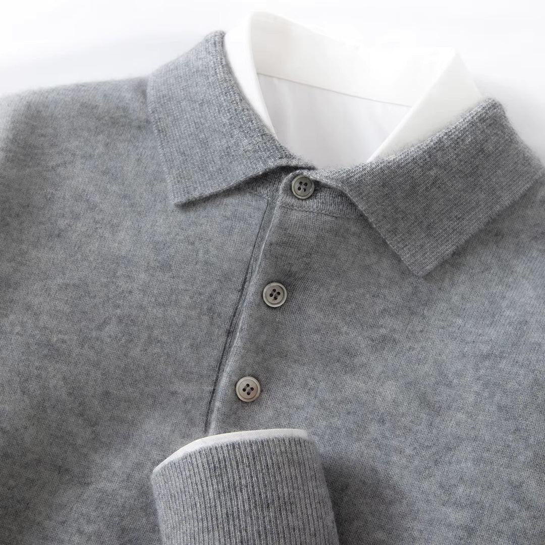 Men's Sweater Turn Down Collar Button Placket Ribbed with Cuffs Trim