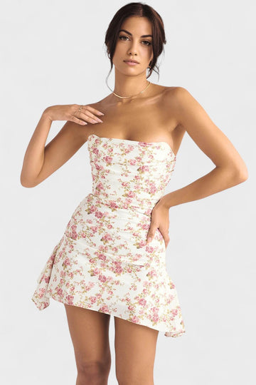 Mini Abito Donna | Corpetto a Fascia Floreale & Drappeggio Romantico