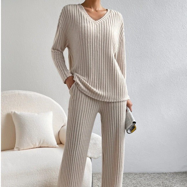 Women's Ribbed V-Neck Knit Jumpsuit Relaxed Fit Long Sleeve 1