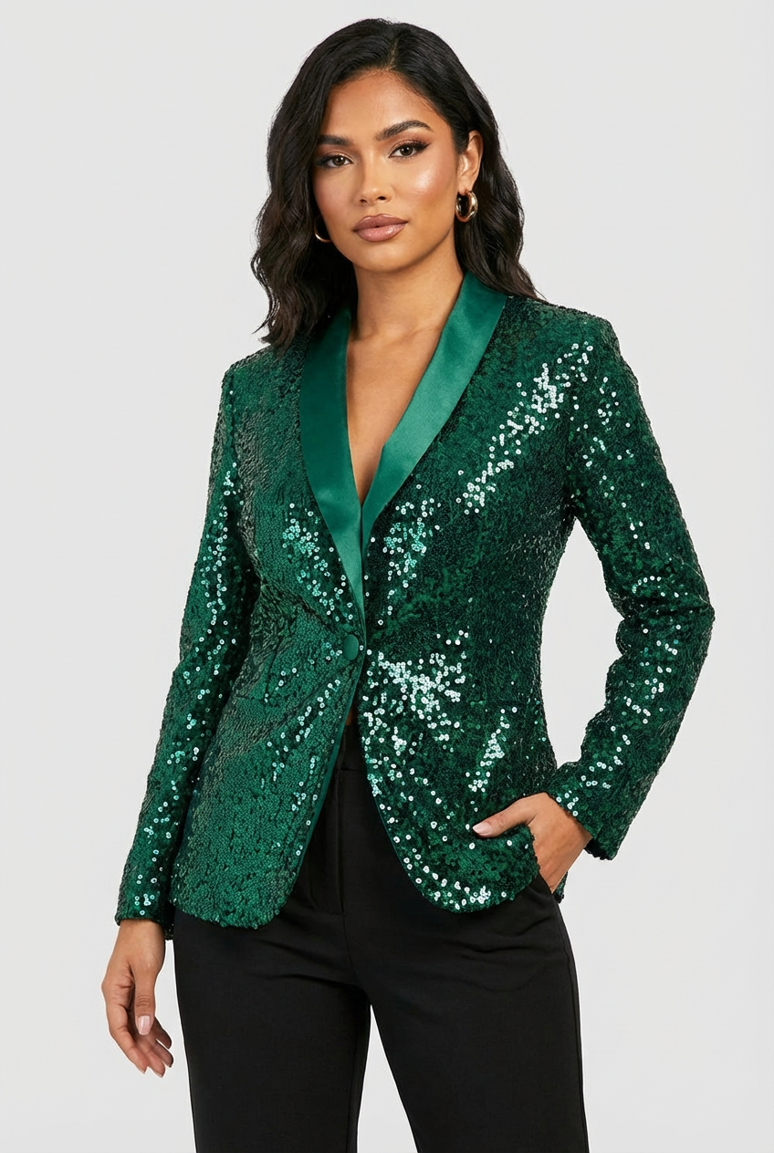 Dames Pailletten Blazer – Glanzend Model met Elegante Pasvorm Groen / S - AIDA LENA