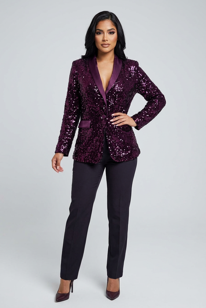 Dames Pailletten Blazer – Glanzend Model met Elegante Pasvorm Paars / S - AIDA LENA