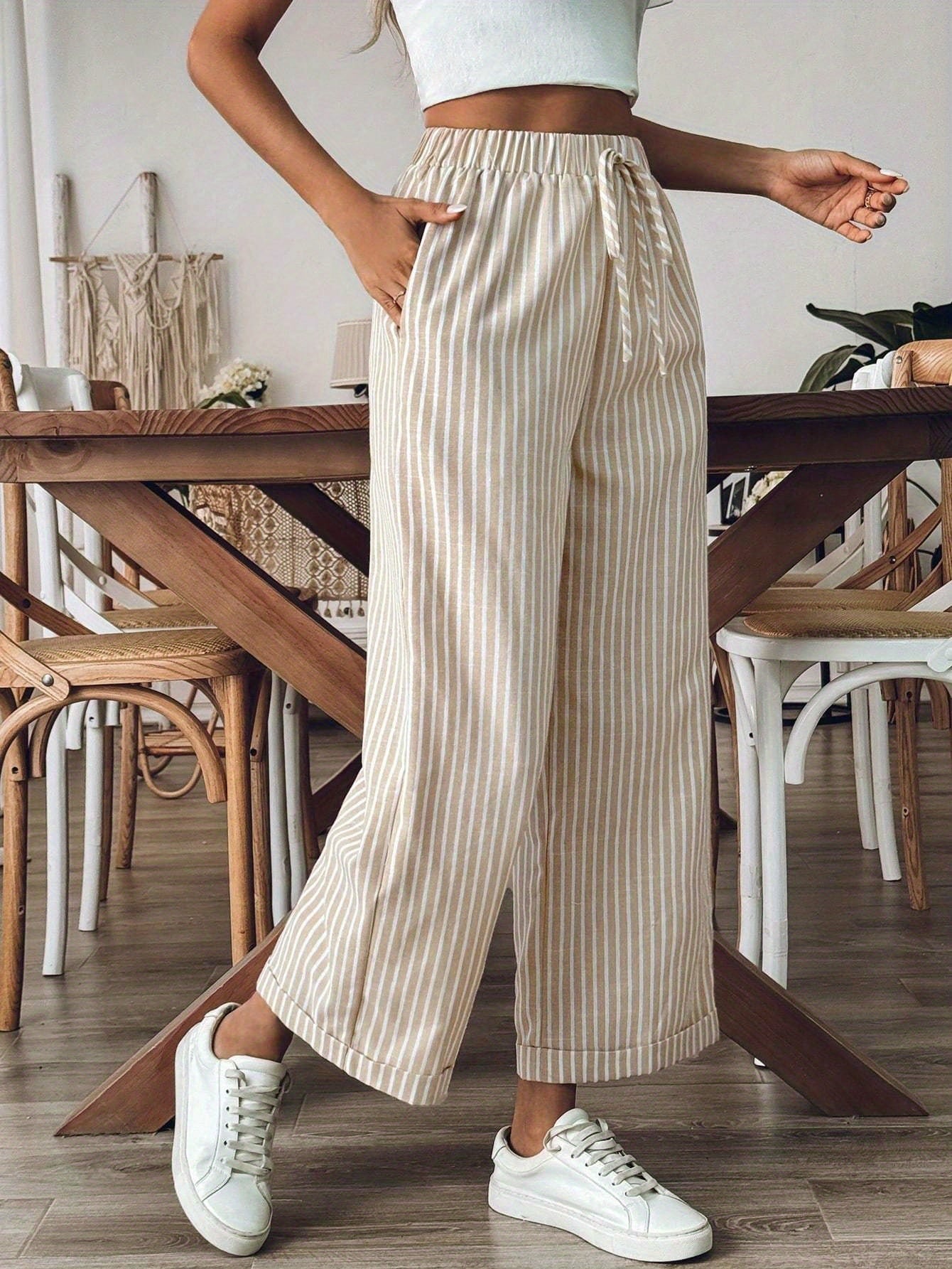Pantaloni Donna | Gamba Larga a Righe & Vita Elastica