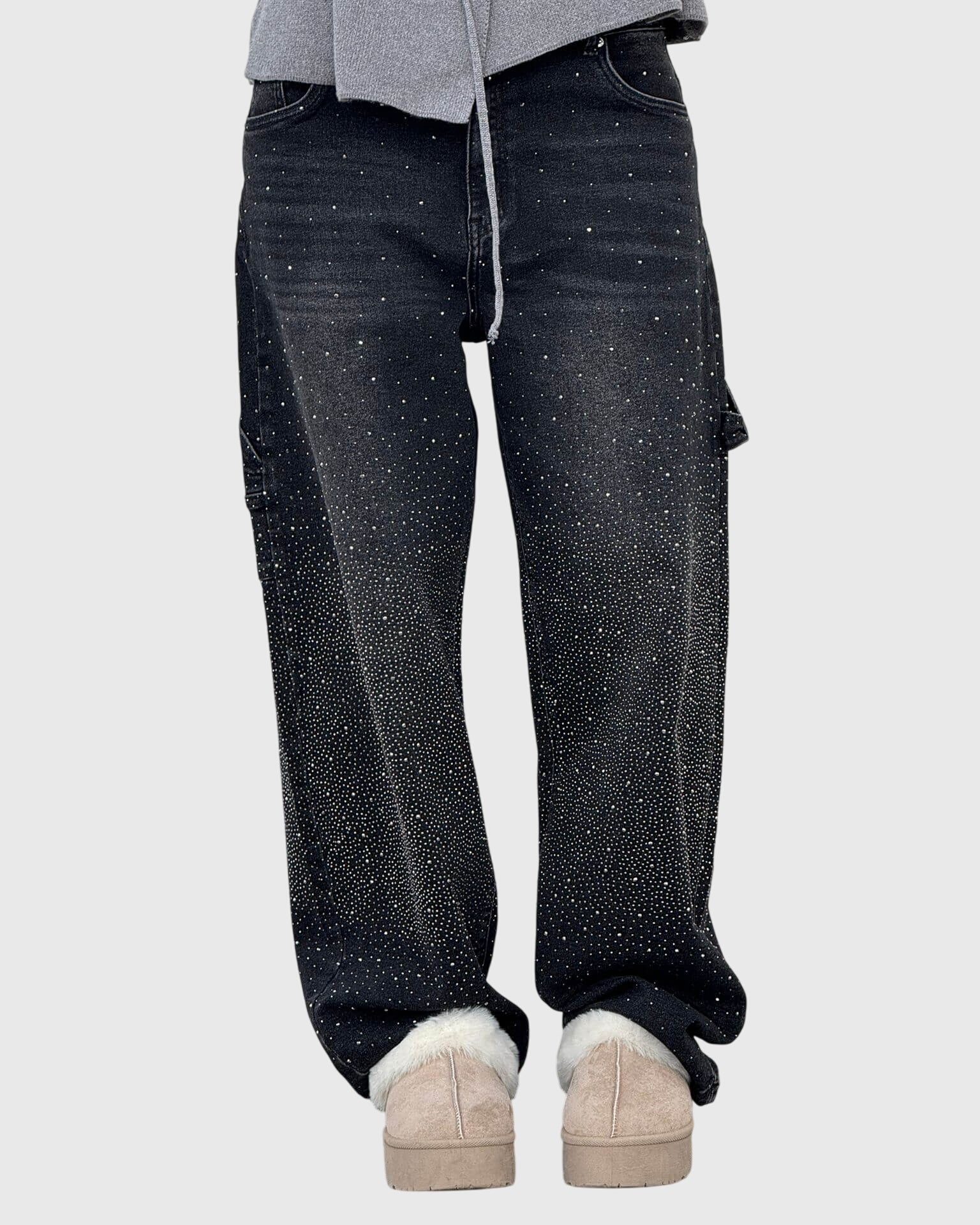 Pantaloni Donna a Gamba Larga | Strass Glitter & Effetto Galassia