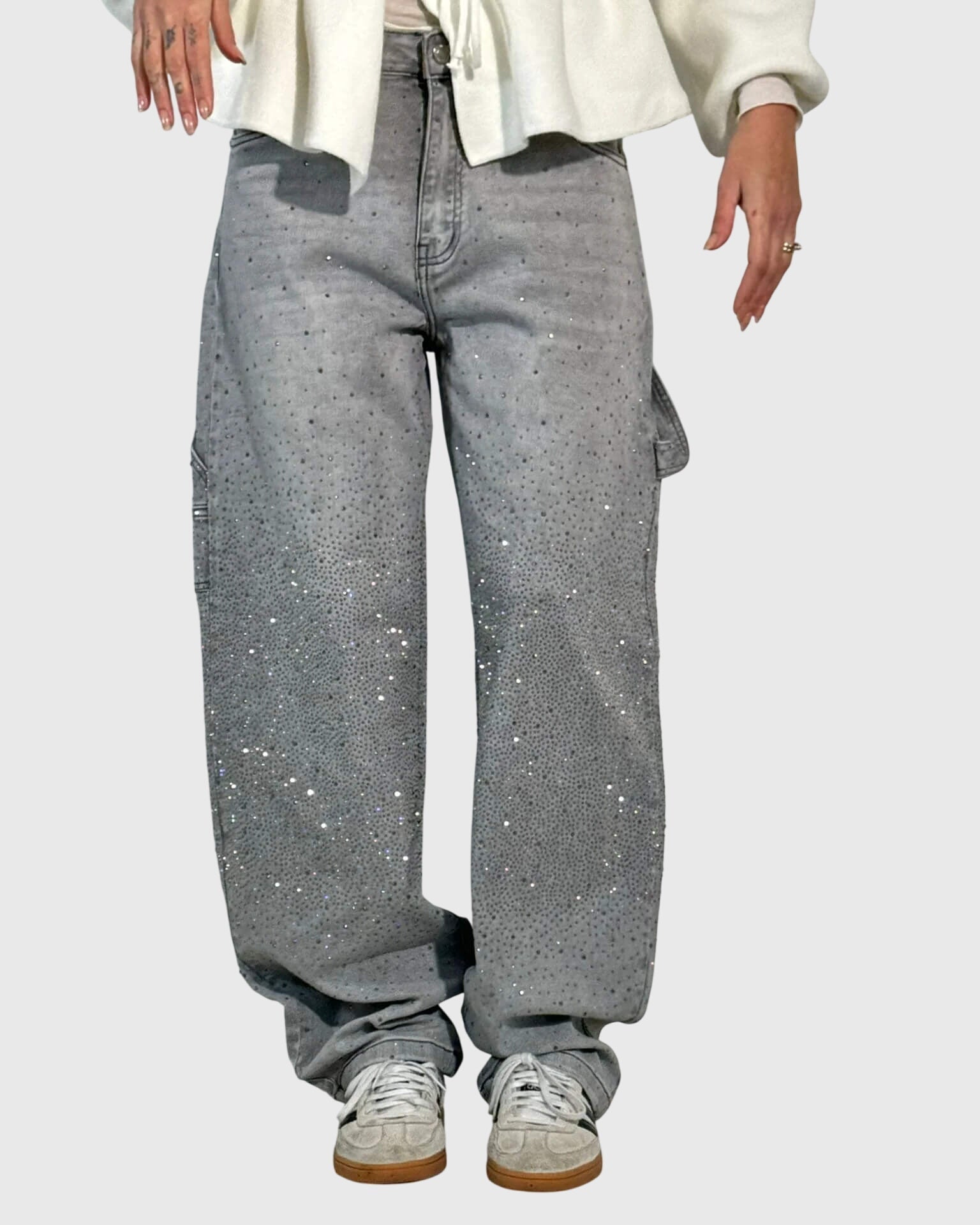 Pantaloni Donna a Gamba Larga | Strass Glitter & Effetto Galassia