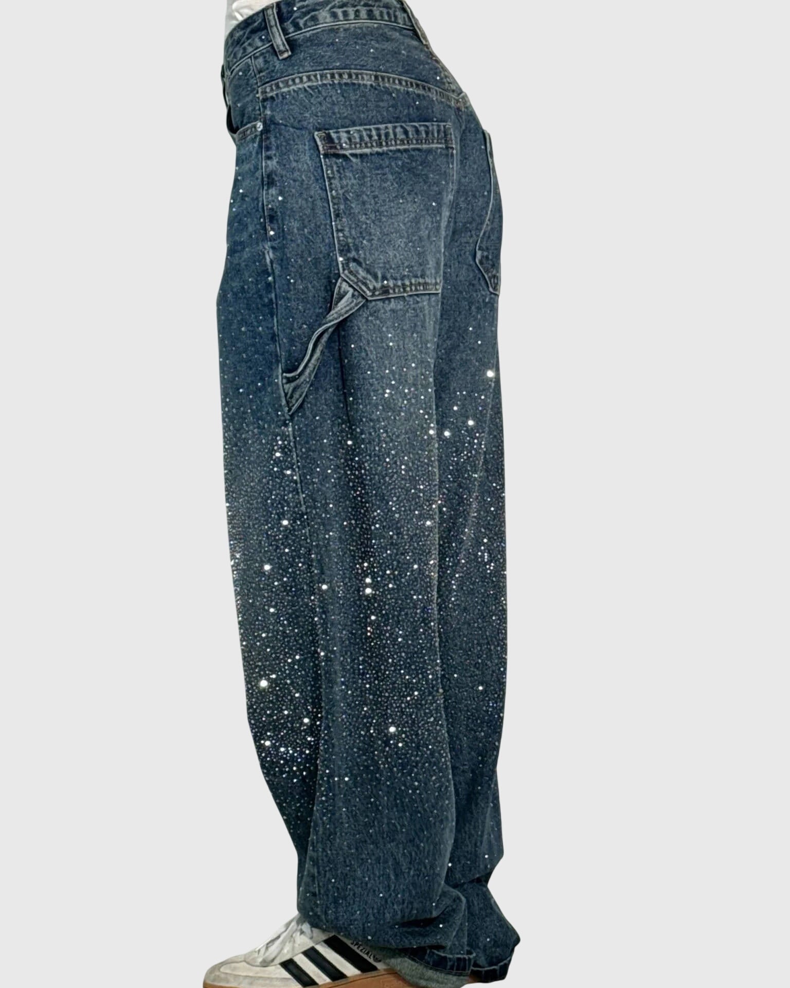 Pantaloni Donna a Gamba Larga | Strass Glitter & Effetto Galassia
