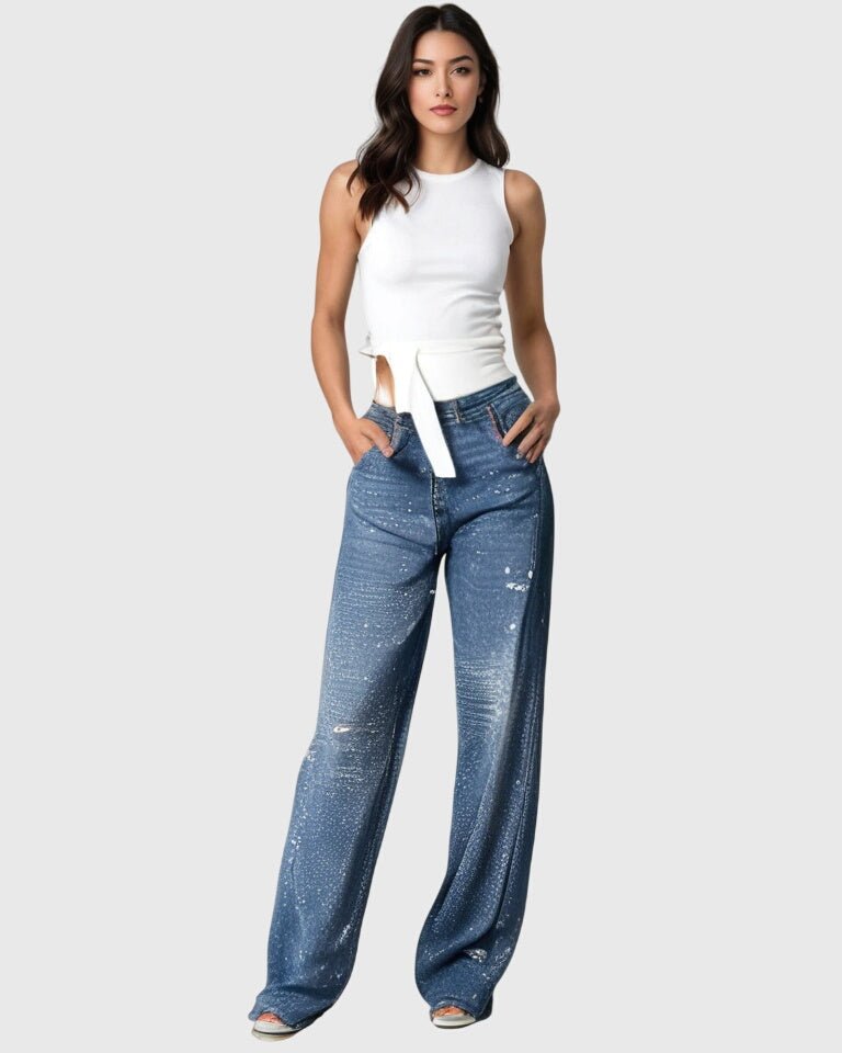 Pantaloni Donna a Gamba Larga | Strass Glitter & Effetto Galassia