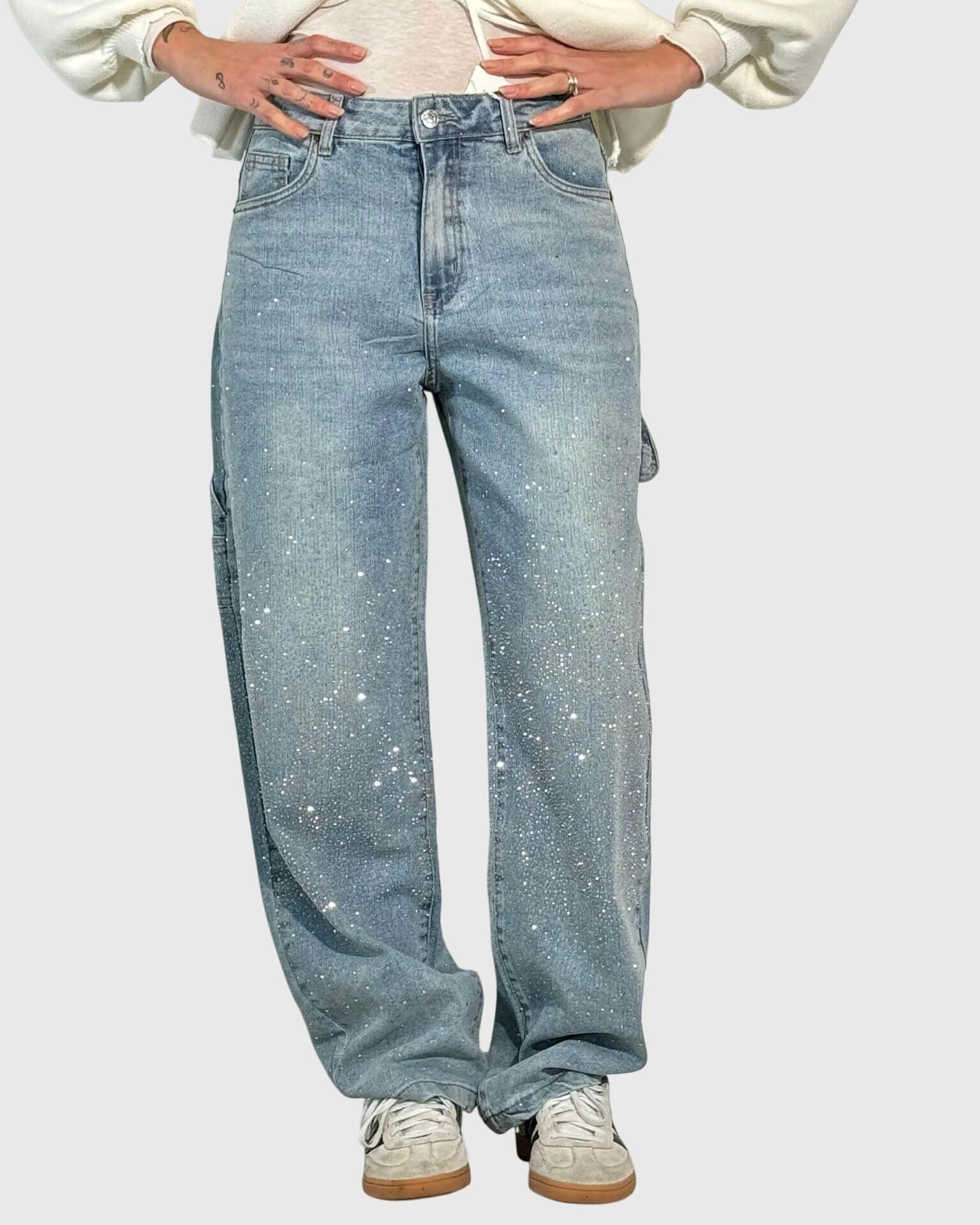 Pantaloni Donna a Gamba Larga | Strass Glitter & Effetto Galassia