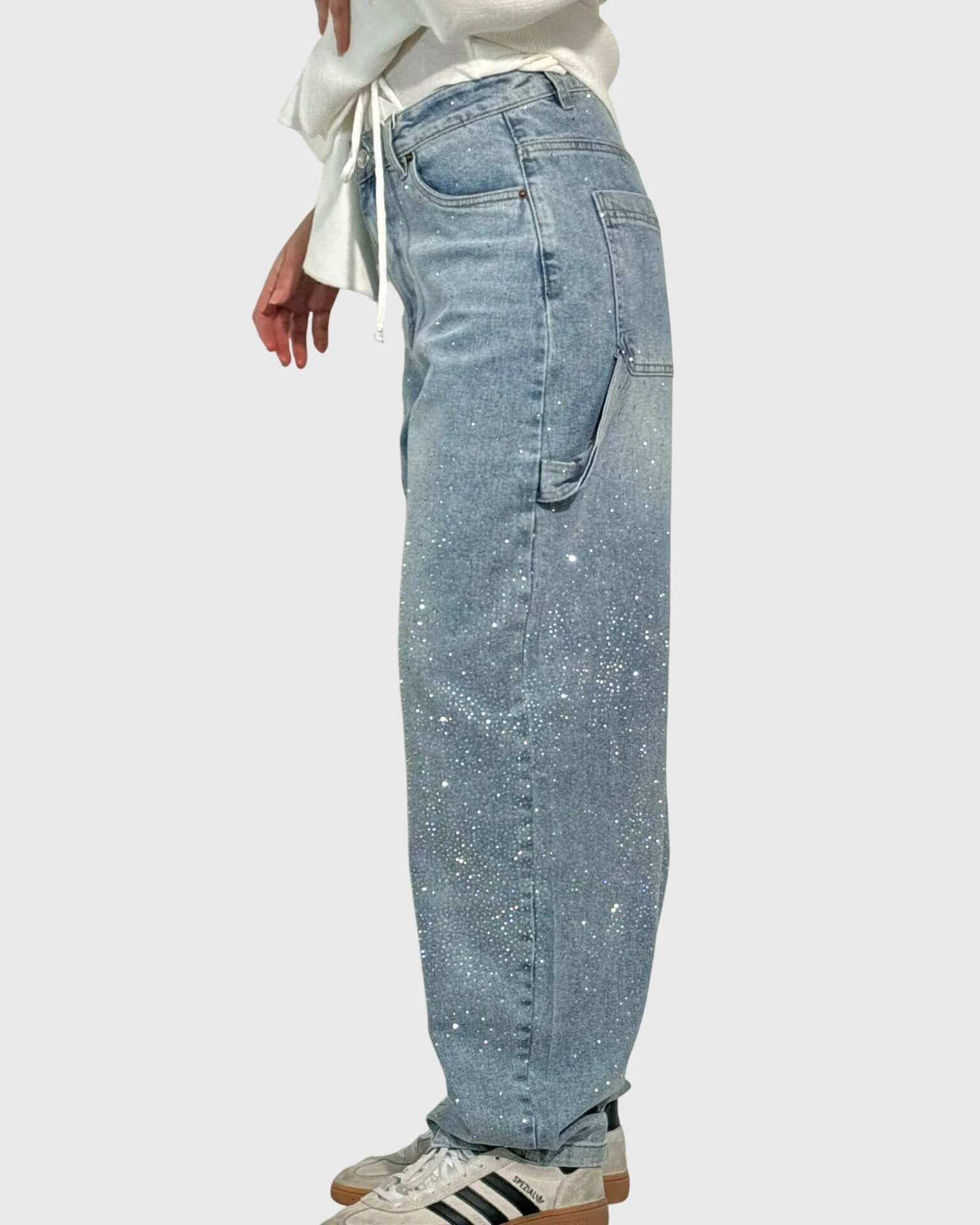 Pantaloni Donna a Gamba Larga | Strass Glitter & Effetto Galassia