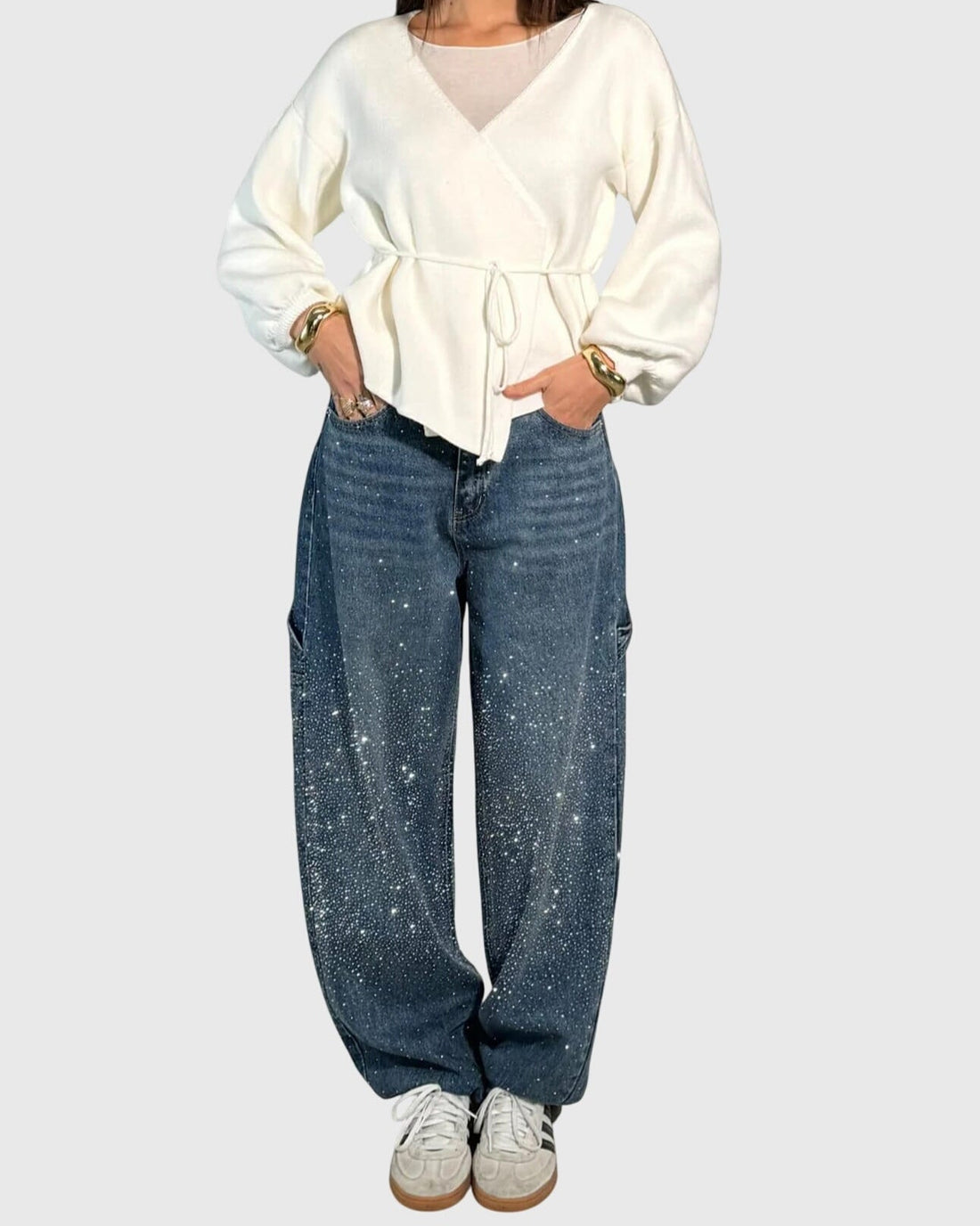 Pantaloni Donna a Gamba Larga | Strass Glitter & Effetto Galassia
