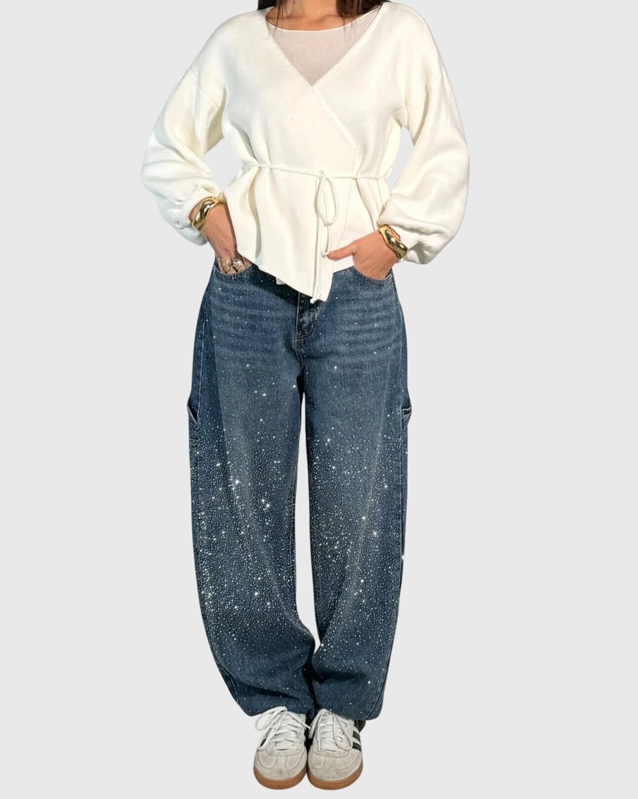 Pantaloni Donna a Gamba Larga | Strass Glitter & Effetto Galassia
