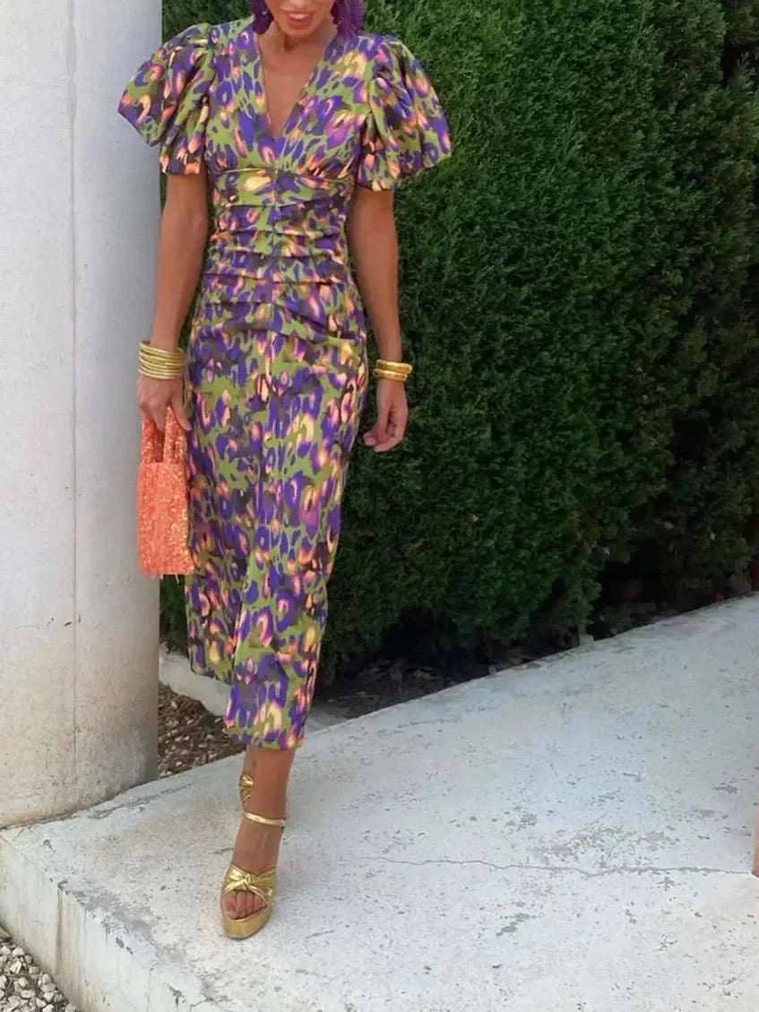 Robe Midi Elegante Donna | Maniche a Palloncino & Stampa Bold