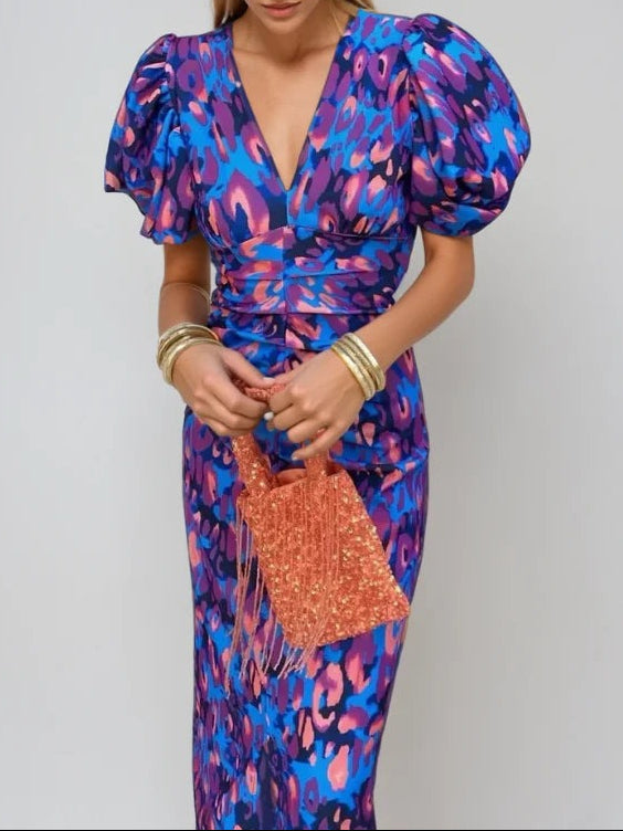 Robe Midi Elegante Donna | Maniche a Palloncino & Stampa Bold