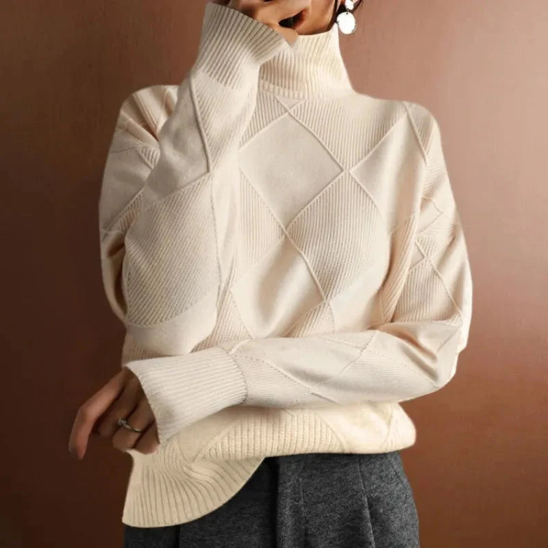 Geometric Ribbed Relaxed Fit Wool Turtleneck Sweater for Women – Cozy &amp; Stylish Everyday Wear Caliboot