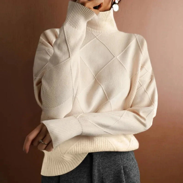 Geometric Ribbed Relaxed Fit Wool Turtleneck Sweater for Women – Cozy &amp; Stylish Everyday Wear Caliboot