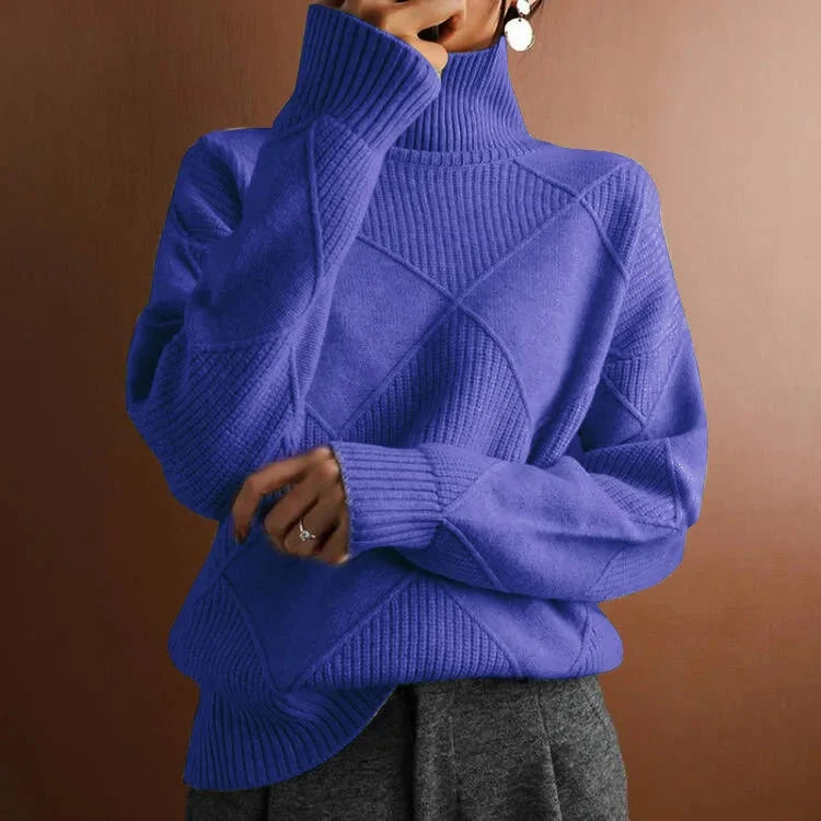 Geometric Ribbed Relaxed Fit Wool Turtleneck Sweater for Women – Cozy &amp; Stylish Everyday Wear Caliboot