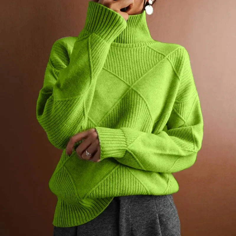 Geometric Ribbed Relaxed Fit Wool Turtleneck Sweater for Women – Cozy &amp; Stylish Everyday Wear Caliboot