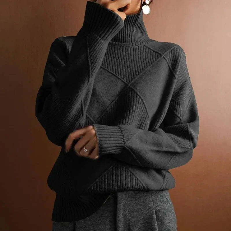 Geometric Ribbed Relaxed Fit Wool Turtleneck Sweater for Women – Cozy &amp; Stylish Everyday Wear Caliboot