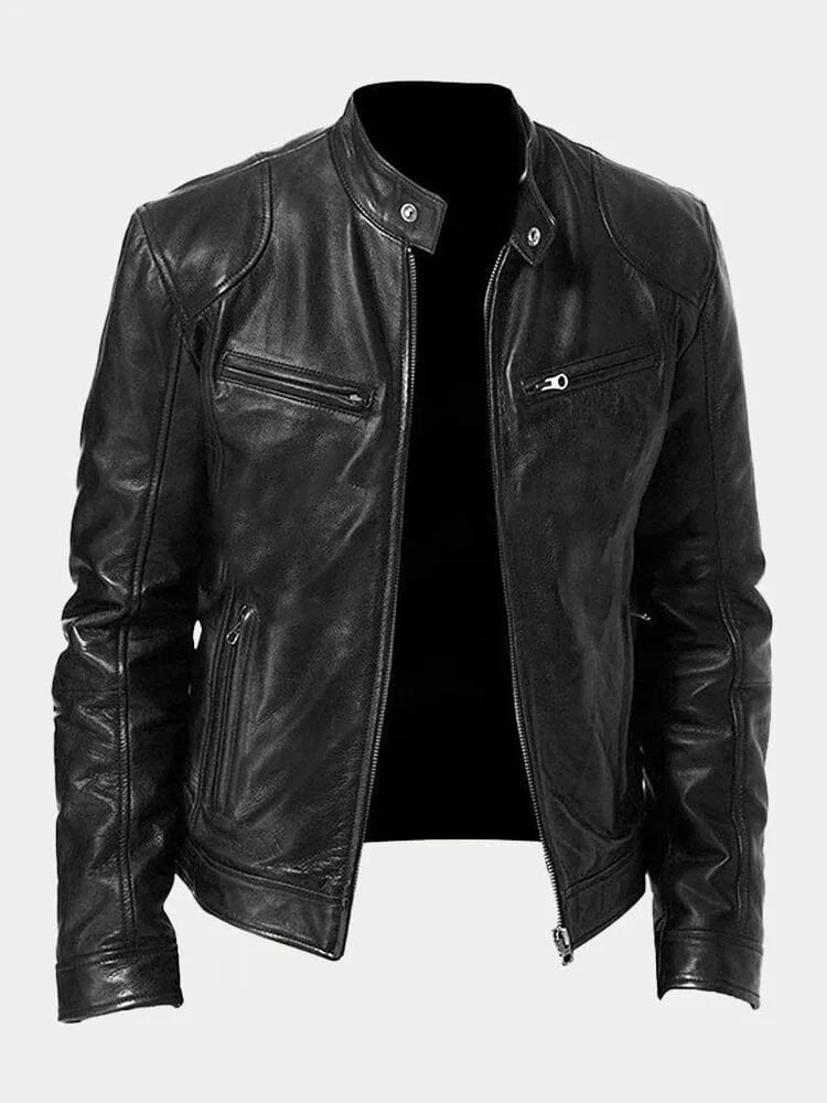 Giacca in pelle nera da uomo, stile motociclista, con cerniere e tasche frontali. Design moderno, ideale per look casual e urbano.