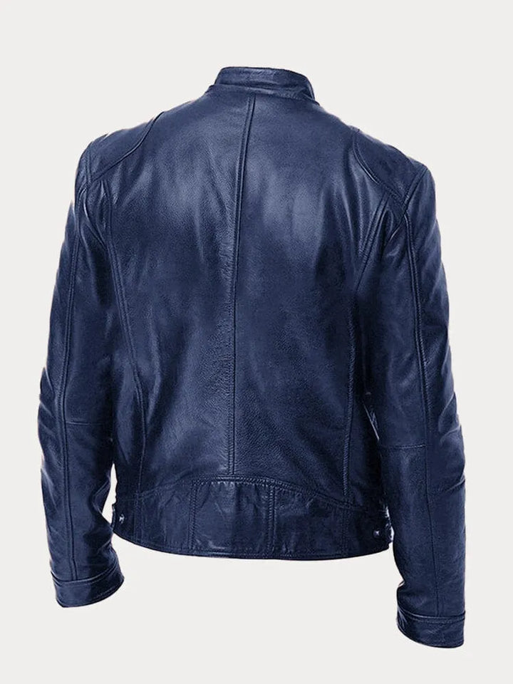 Giacca in pelle blu scuro da uomo vista posteriore, stile motociclista, design moderno, ideale per moda autunnale e invernale.