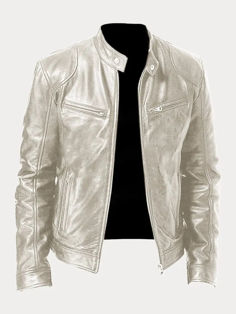 Giacca in pelle argentata da uomo con cerniere, stile motociclista. Design moderno, ideale per moda urbana e look casual.