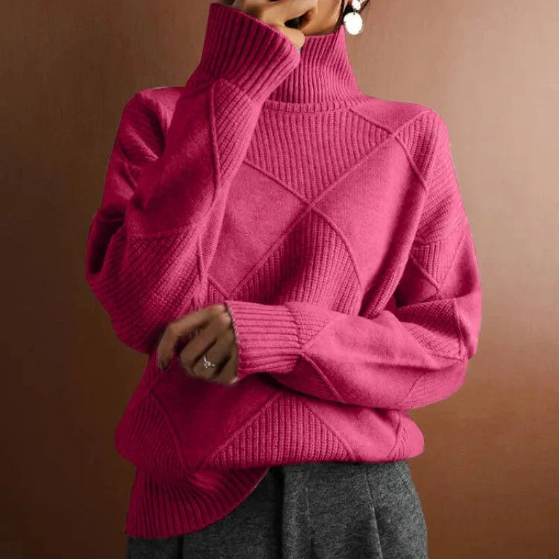 Geometric Ribbed Relaxed Fit Wool Turtleneck Sweater for Women – Cozy &amp; Stylish Everyday Wear Caliboot