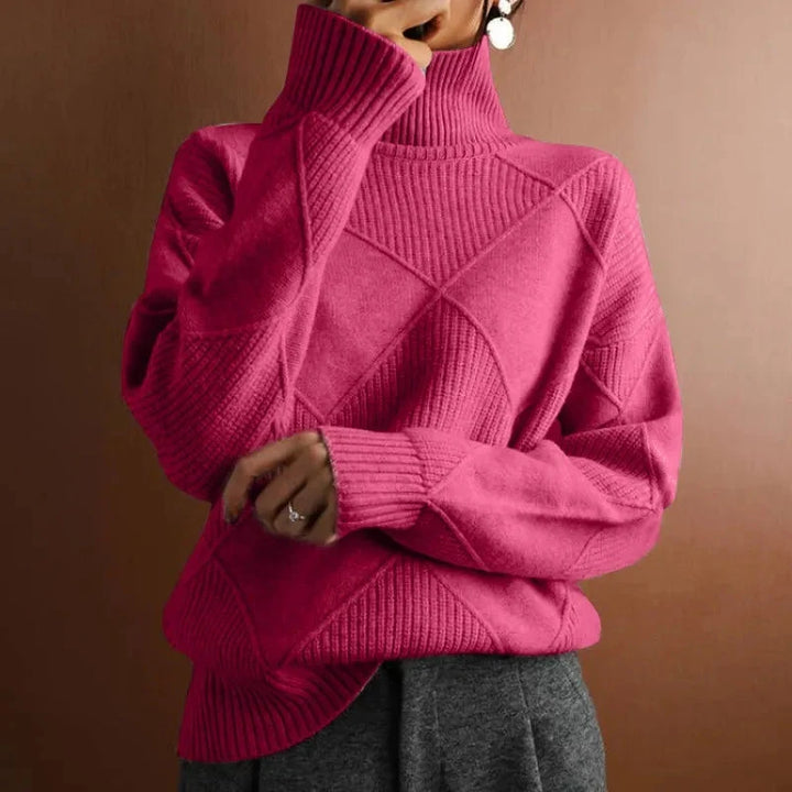 Geometric Ribbed Relaxed Fit Wool Turtleneck Sweater for Women – Cozy &amp; Stylish Everyday Wear Caliboot