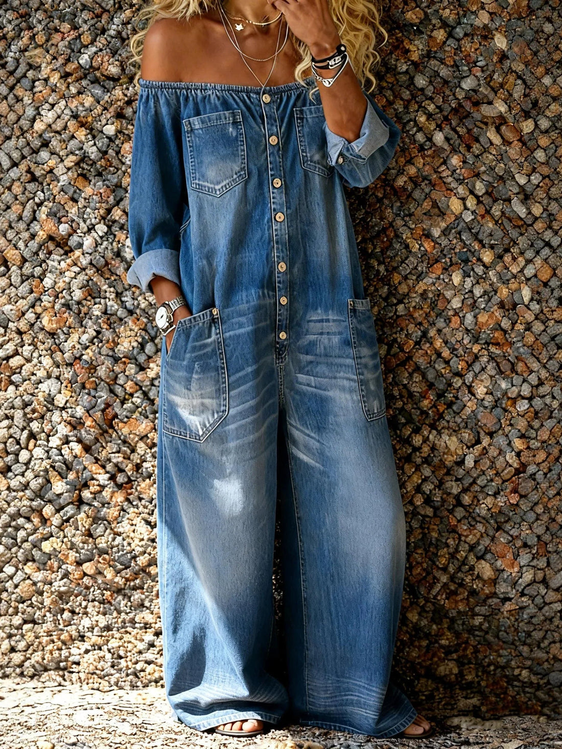 Noa | Salopette in Denim con Scollo Off-Shoulder 0