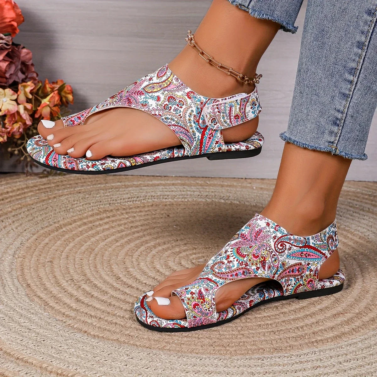 Sandali Donna Flat | Stampa Paisley Boho & Infradito con Fascia Larga