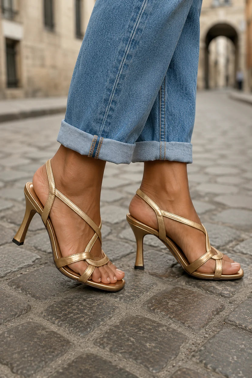 Sandali Donna con Tacco | Cinturini Incrociati & Effetto Metallizzato