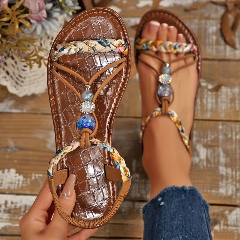 Sandalo Infradito Donna | Fascia Intrecciata con Dettagli Perline