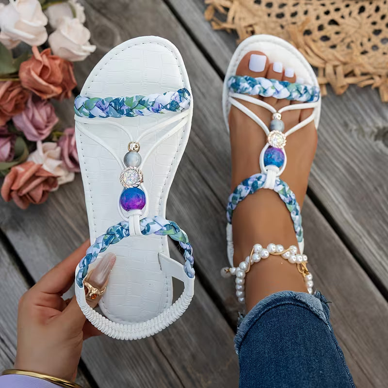Sandalo Infradito Donna | Fascia Intrecciata con Dettagli Perline