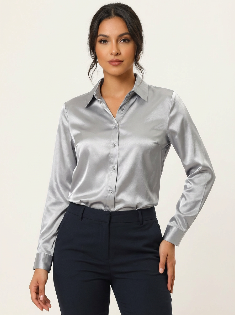 Dames Satijnen Blouse – Glanzende Afwerking met Elegante Losvallende Pasvorm Grijs / S - AIDA LENA