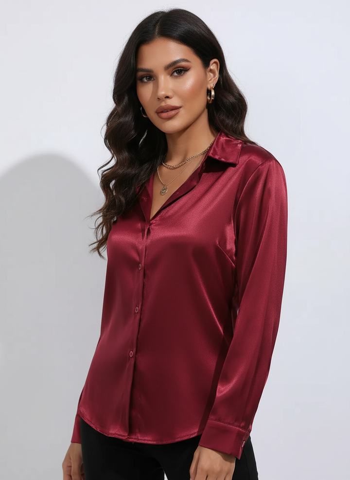 Dames Satijnen Blouse – Glanzende Afwerking met Elegante Losvallende Pasvorm Bordeaux / S - AIDA LENA