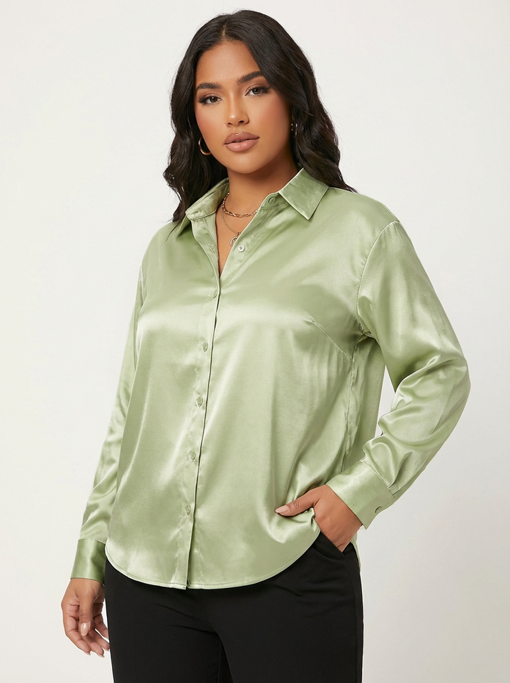 Dames Satijnen Blouse – Glanzende Afwerking met Elegante Losvallende Pasvorm Groen / S - AIDA LENA