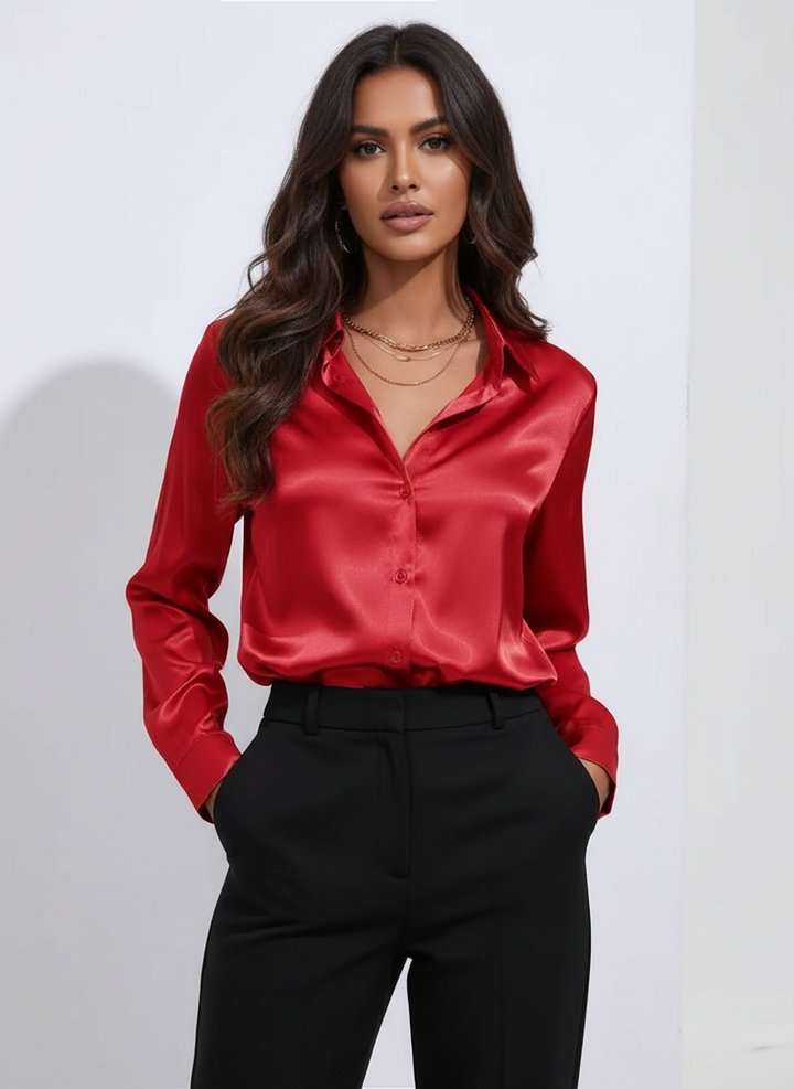 Dames Satijnen Blouse – Glanzende Afwerking met Elegante Losvallende Pasvorm Rood / S - AIDA LENA