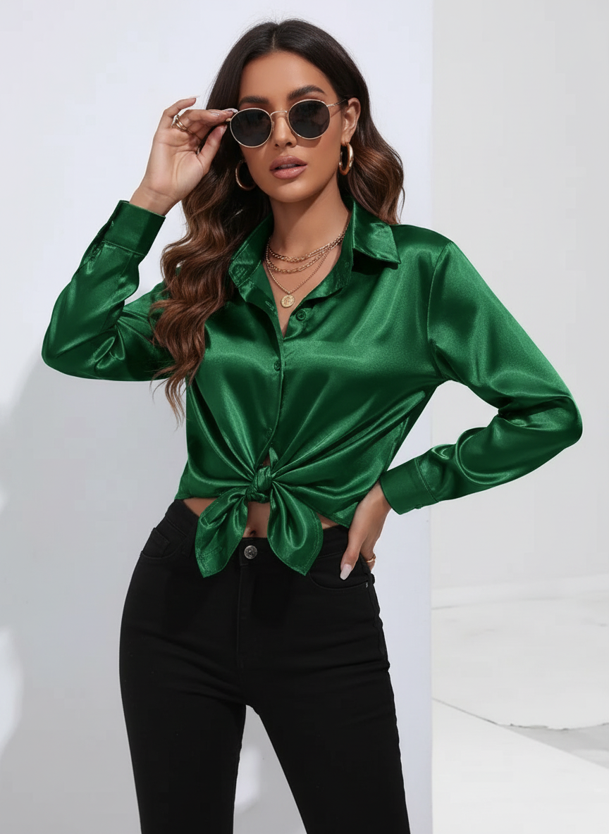Dames Satijnen Blouse – Glanzende Afwerking met Elegante Losvallende Pasvorm Donker groen / S - AIDA LENA