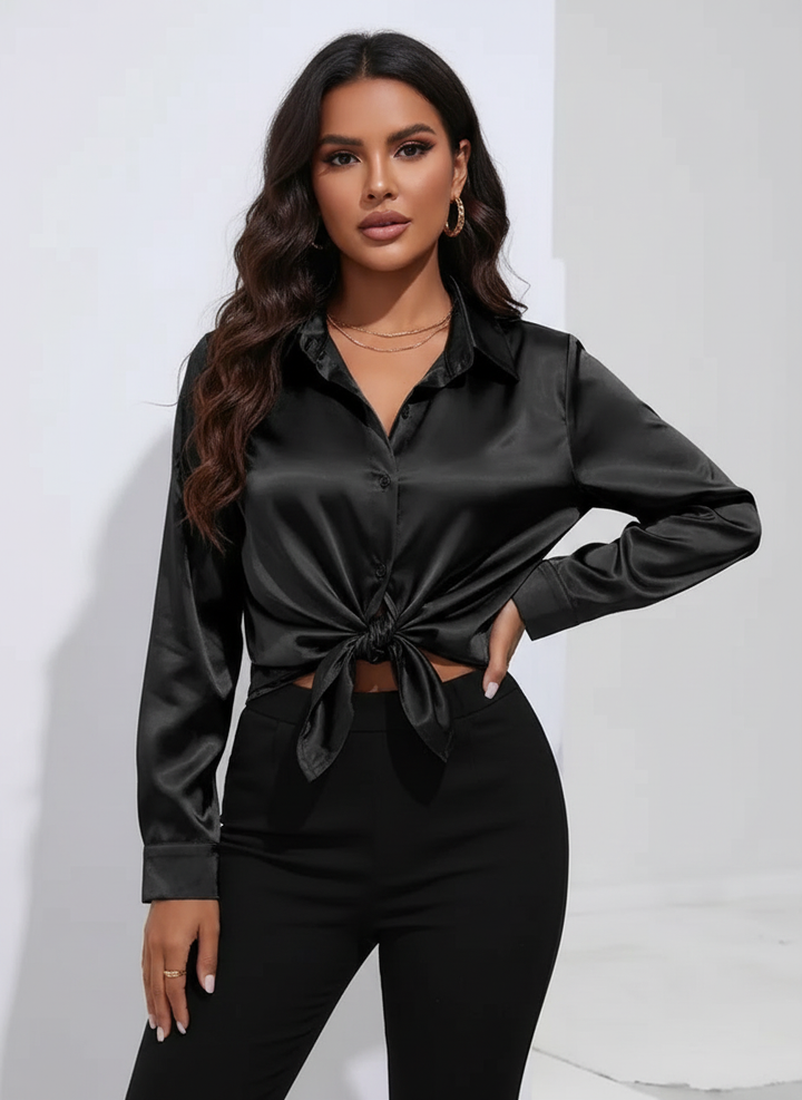 Dames Satijnen Blouse – Glanzende Afwerking met Elegante Losvallende Pasvorm Zwart / S - AIDA LENA