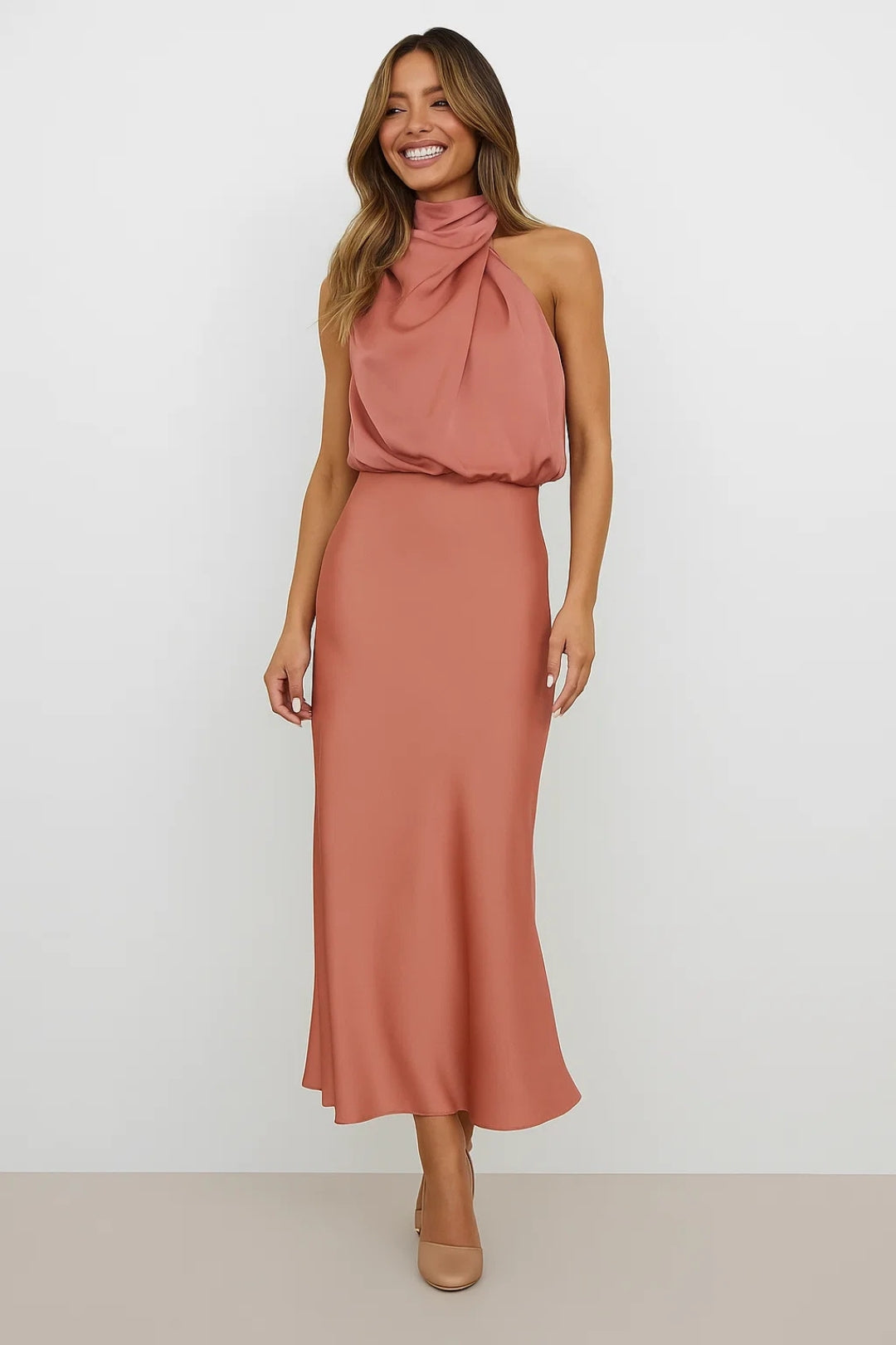Satin Maxi Dress | Draped Neck | Modern Elegance
