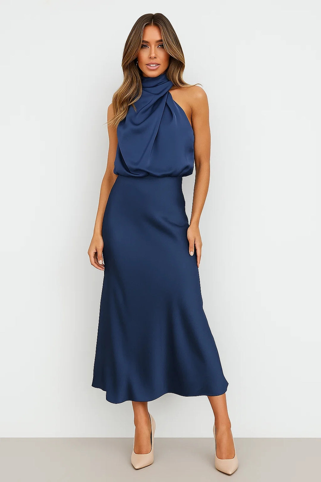 Satin Maxi Dress | Draped Neck | Modern Elegance