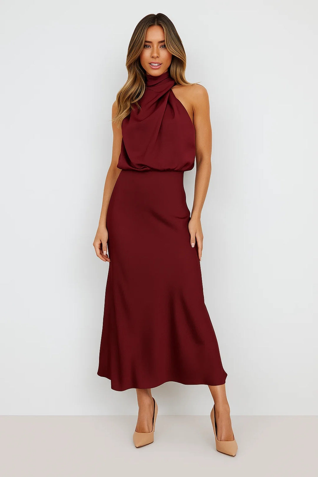 Satin Maxi Dress | Draped Neck | Modern Elegance
