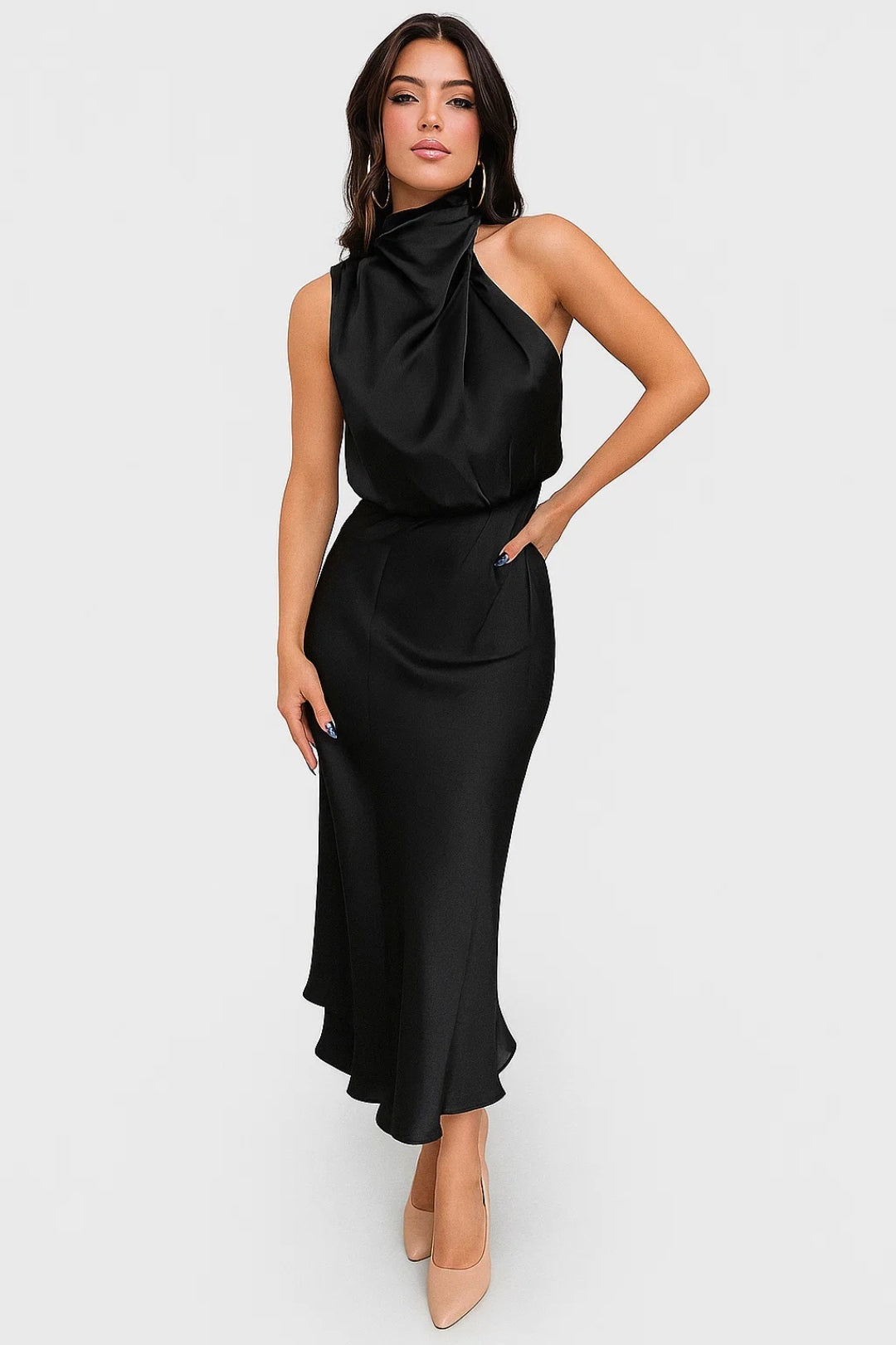 Satin Maxi Dress | Draped Neck | Modern Elegance
