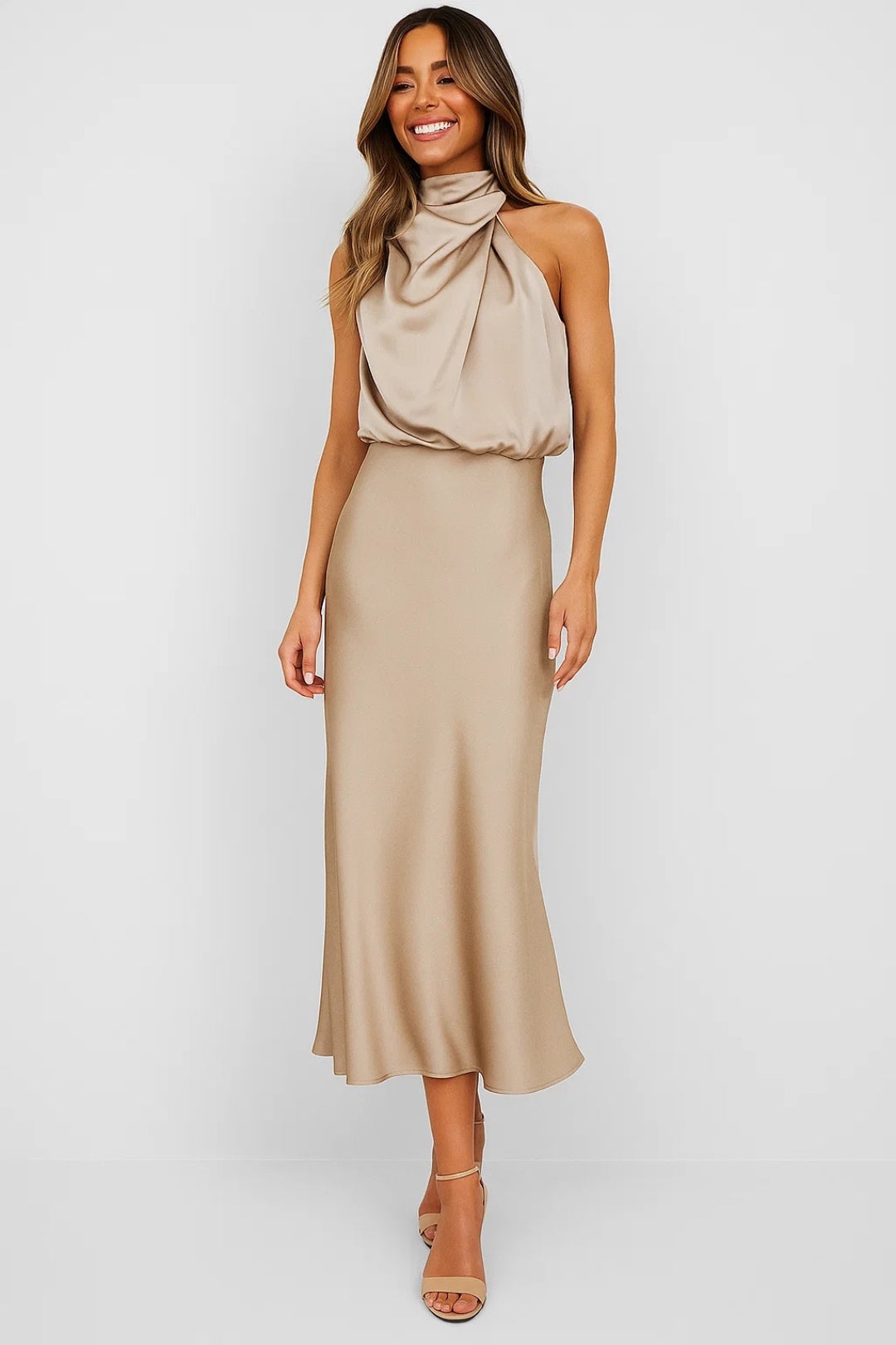 Satin Maxi Dress | Draped Neck | Modern Elegance
