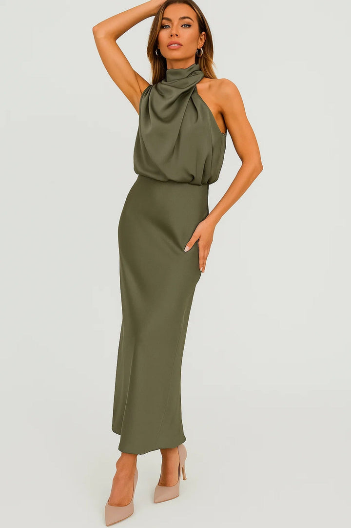 Satin Maxi Dress | Draped Neck | Modern Elegance