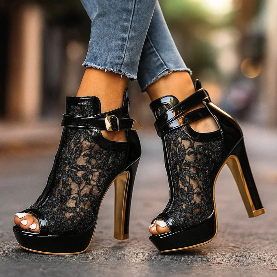 Scarpe con Tacco Donna | Design Traforato con Tacco Alto Stabile