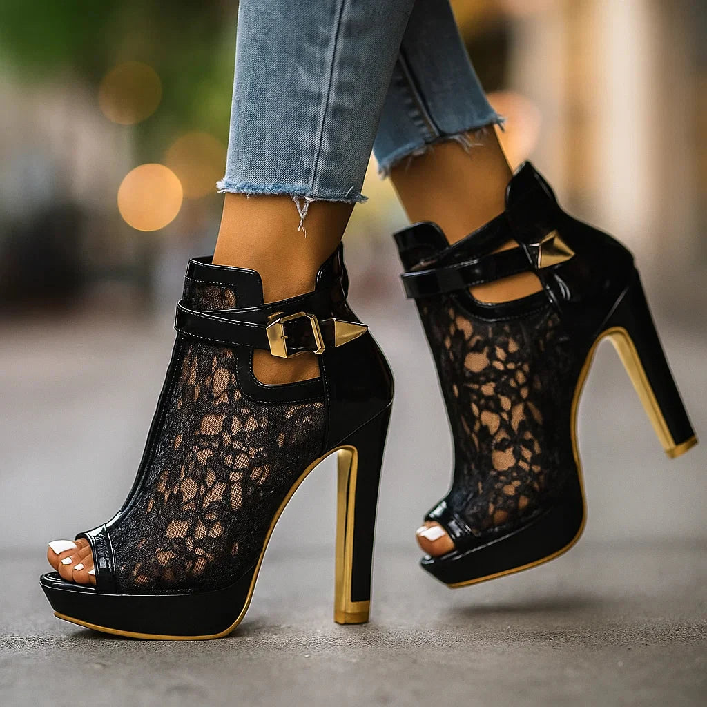 Scarpe con Tacco Donna | Design Traforato con Tacco Alto Stabile