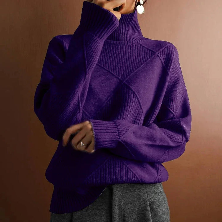Geometric Ribbed Relaxed Fit Wool Turtleneck Sweater for Women – Cozy &amp; Stylish Everyday Wear Caliboot