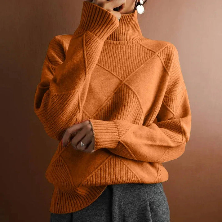 Geometric Ribbed Relaxed Fit Wool Turtleneck Sweater for Women – Cozy &amp; Stylish Everyday Wear Caliboot