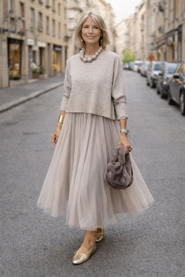 Set Coordinato Donna | Gonna in Tulle & Top Elegante a Maniche Lunghe