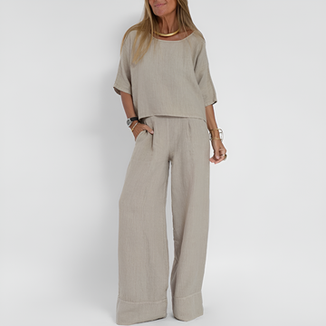 Set Coordinato Donna | Top a Girocollo & Pantaloni Wide-Leg con Risvolto